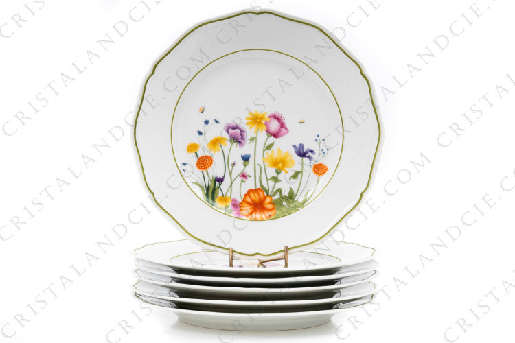 Série de six assiettes à dessert en porcelaine de Limoges de la maison Raynaud pour Denby modèle English Garden orné de fleurs polychromes et d insectes