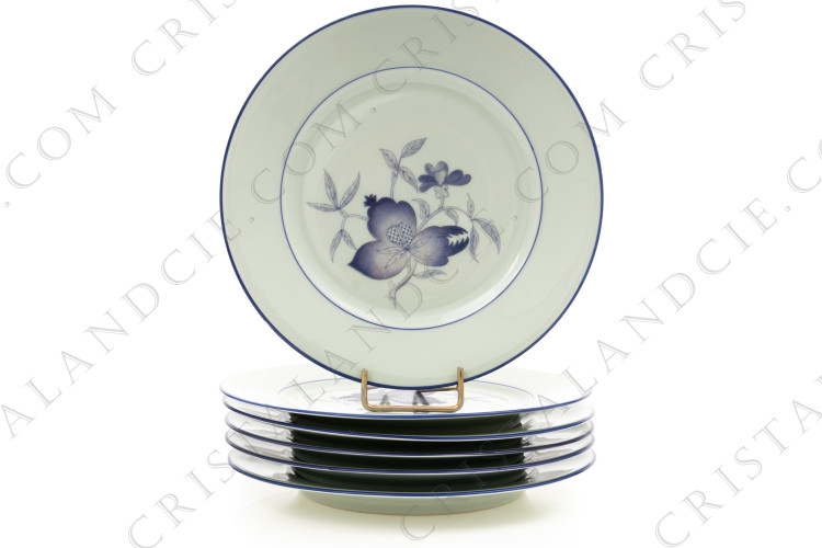 Série de six assiettes à dessert en porcelaine de Limoges de la maison Haviland et Parlon modèle Shangaï bleu orient orné de fleurs en camaïeu de bleus
