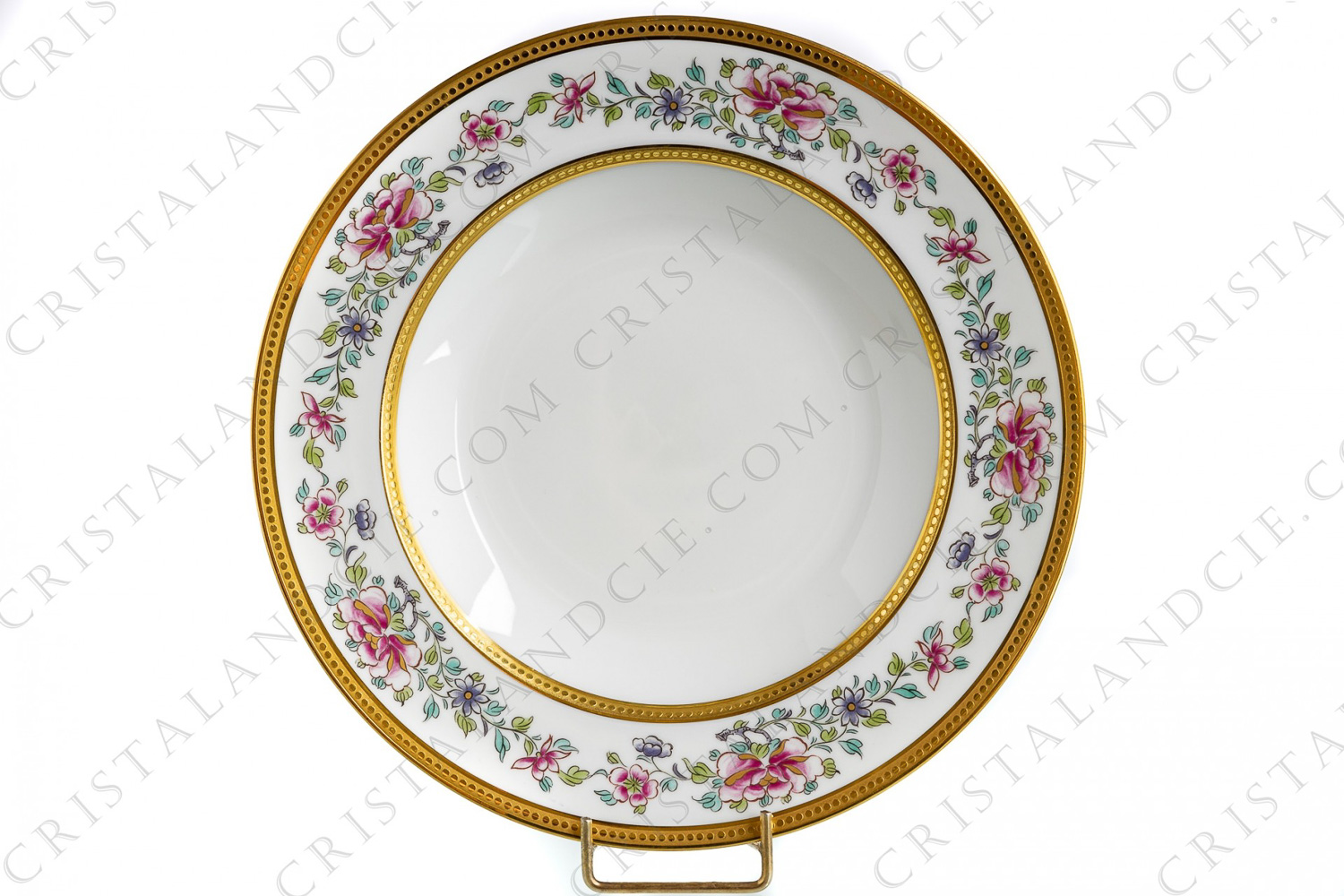 Soup plate in Limoges china by Bernardaud pattern Villaris, decorated with gold inlays and polychrome flowers photo-1