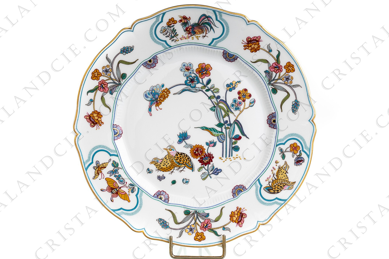 Dessert plate in Limoges china by Havilland pattern Aux Cailles decorated with couples of quails and roosters, with butterflies and polychromes flowers enhanced with gold photo-1