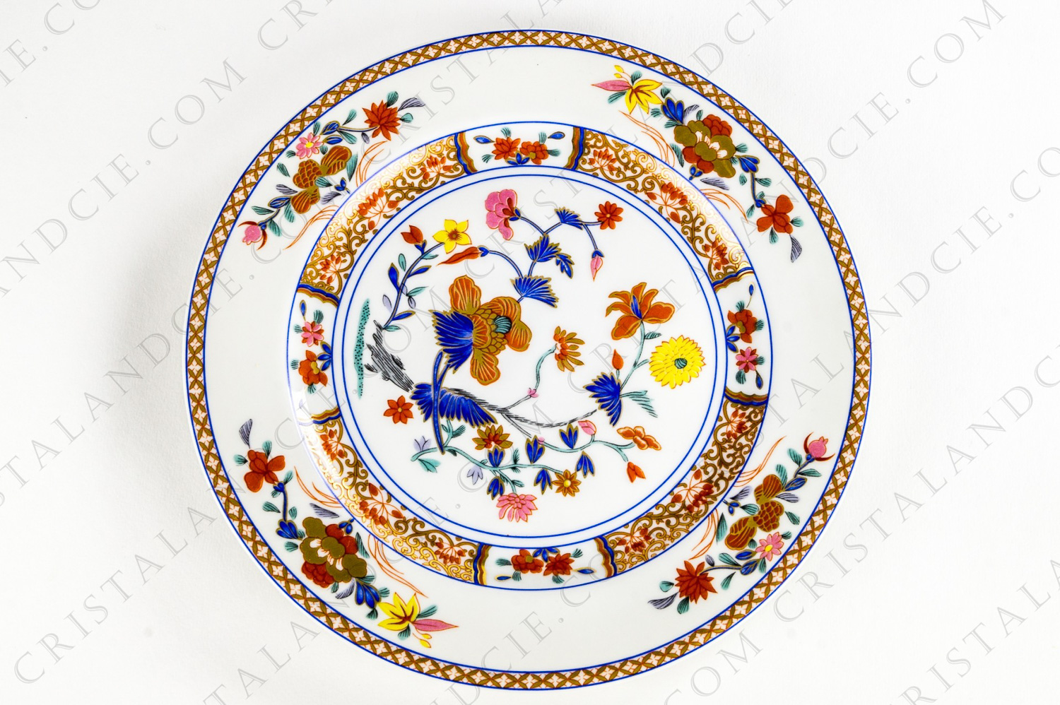 Dessert plate in Limoges China by Bernardaud pattern Pondichéry decorated with polychromes and gold flowers photo-1