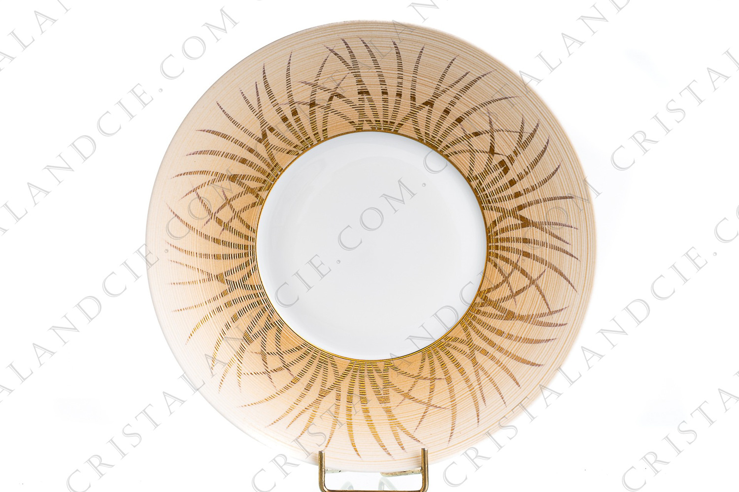 Dessert plate in Limoges china by Coquet pattern Toundra Automne, decorated with grooves and hand painted gold grass blades on a beige background photo-1