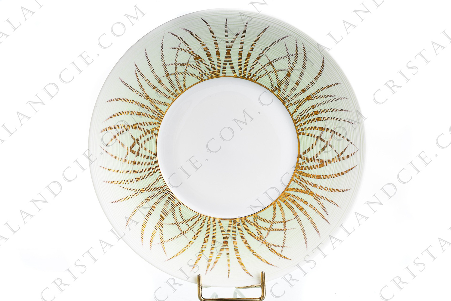 Dessert plate in Limoges china by Coquet pattern Toundra Printemps, decorated with grooves and hand painted gold grass blades on a clear green background photo-1