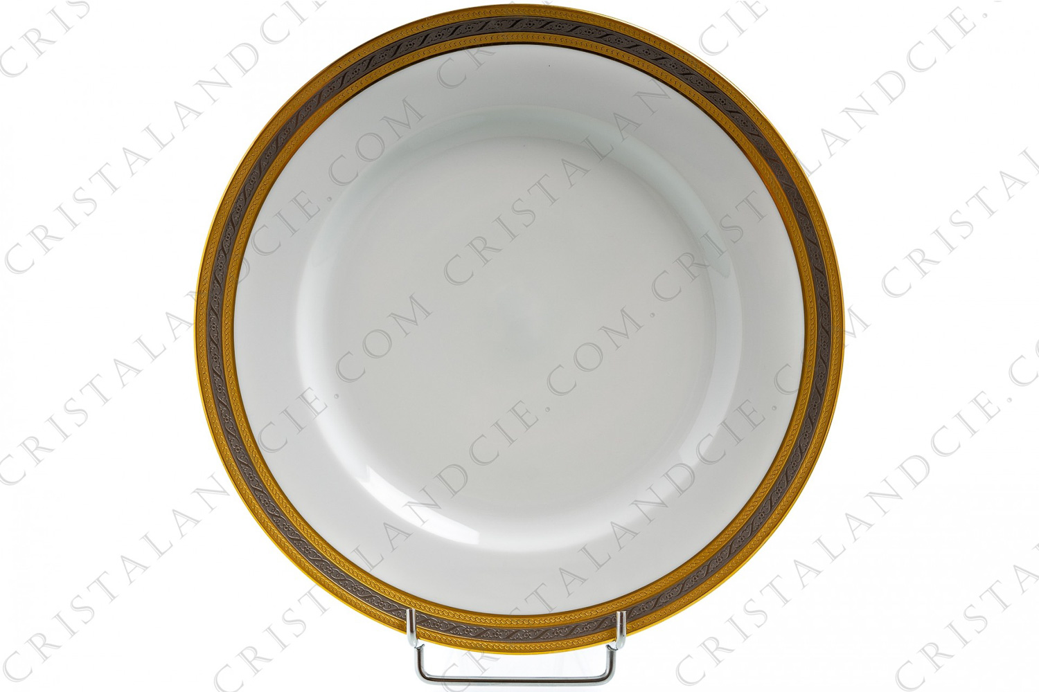 Dinner plate in Limoges china by Lafarge decorated with gold and platinum inlays friezes photo-1