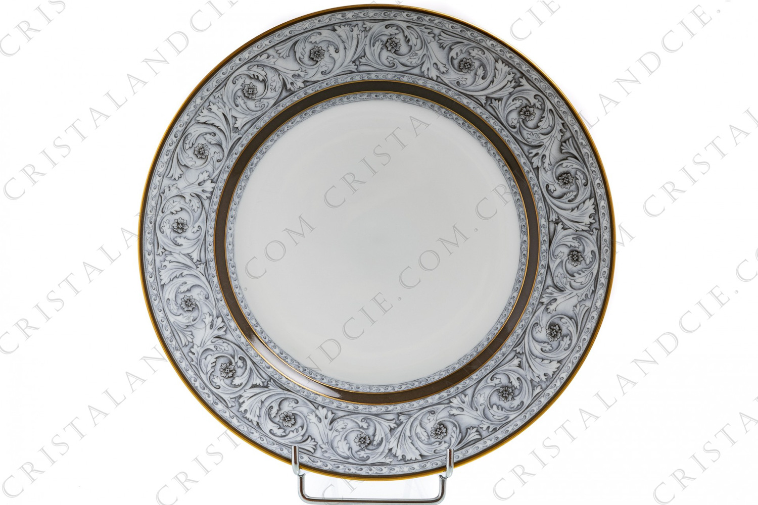 Dinner plate in Limoges china by Haviland et Parlon pattern Rome decorated with a grisaille of foliage of acanthus leaves and with brown and gold borders photo-1