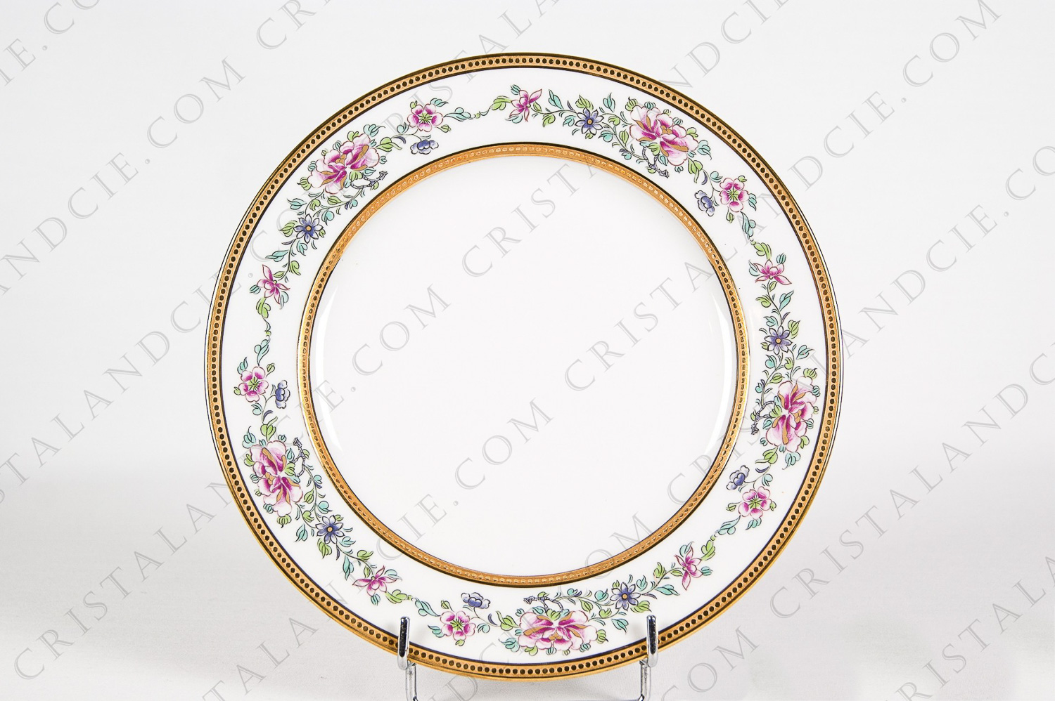 Dinner plate in Limoges china by Bernardaud pattern Villaris, decorated with gold inlays and polychrome flowers photo-1