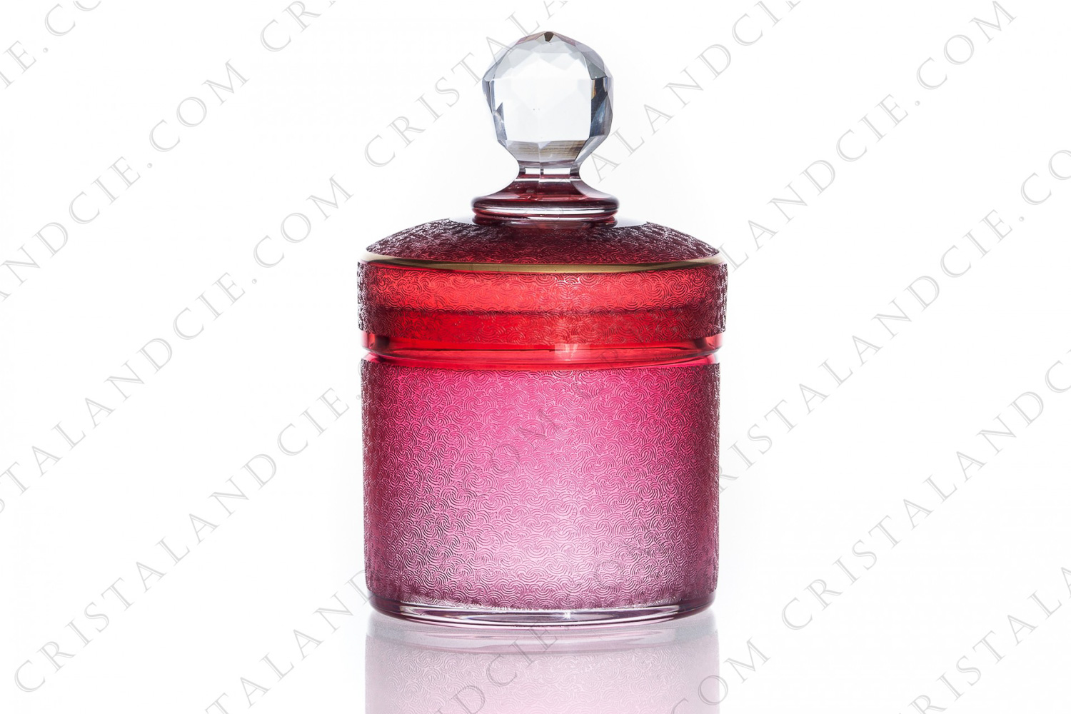 Boite à poudre à bouton en cristal rose de Saint-Louis à décor gravé à l acide et filets or photo-1