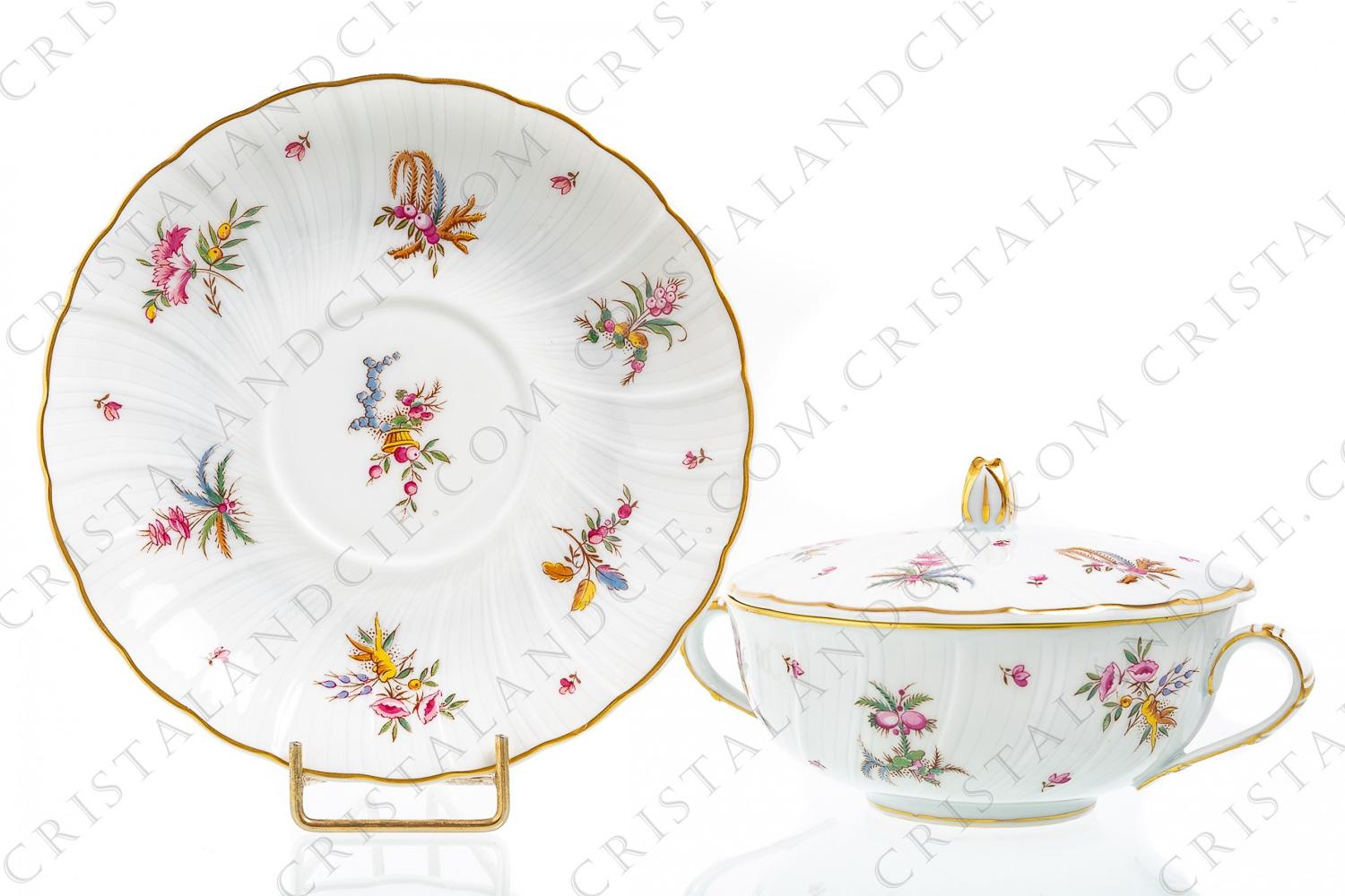 Bouillon cup in Limoges china by Bernardaud pattern Watteau decorated with fruits baskets and bouquets of flowers photo-1