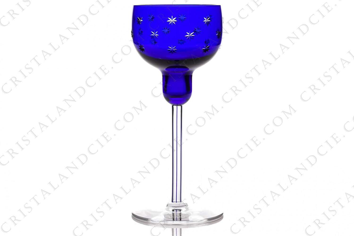 Candlestick in blue double layer crystal by Saint-Louis pattern Firmament bleu decorated with cut stars and a stem in clear crystal deocrated with blue stripes photo-1