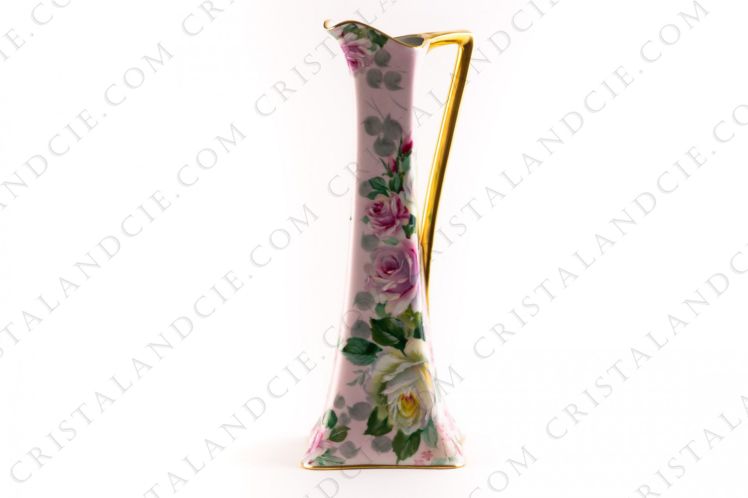 Water jug in Limoges china decorated with bouquets of roses on a clear pink background, hand-enhanced by the workshop G photo-1