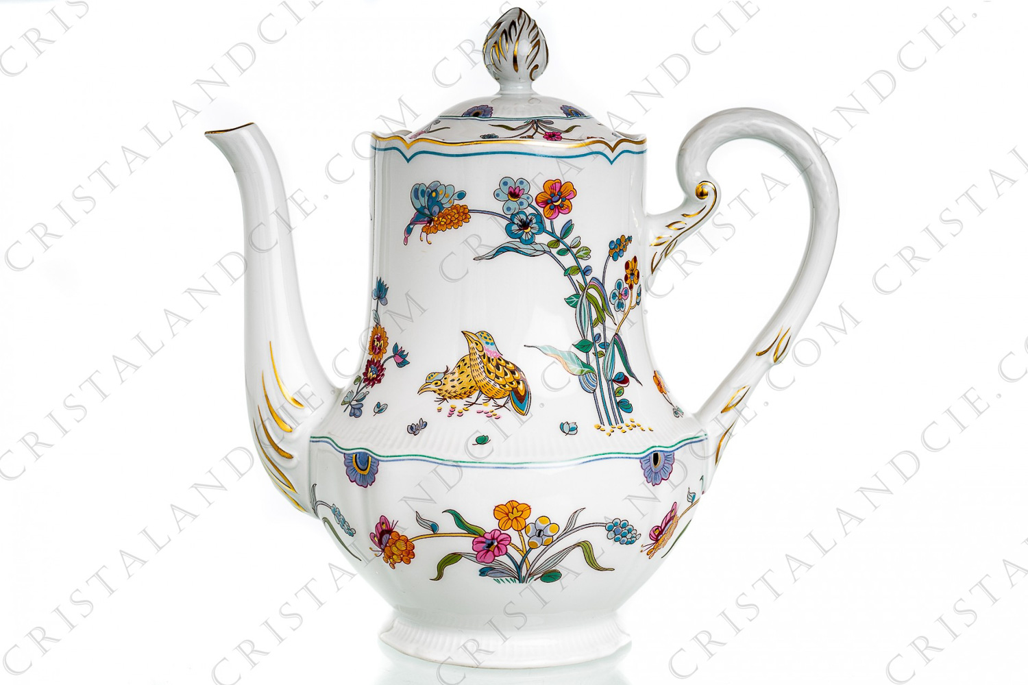 Coffee pot in Limoges china by Havilland pattern Aux Cailles decorated with quails and roosters, butterflies and polychromes flowers enhanced with gold photo-1