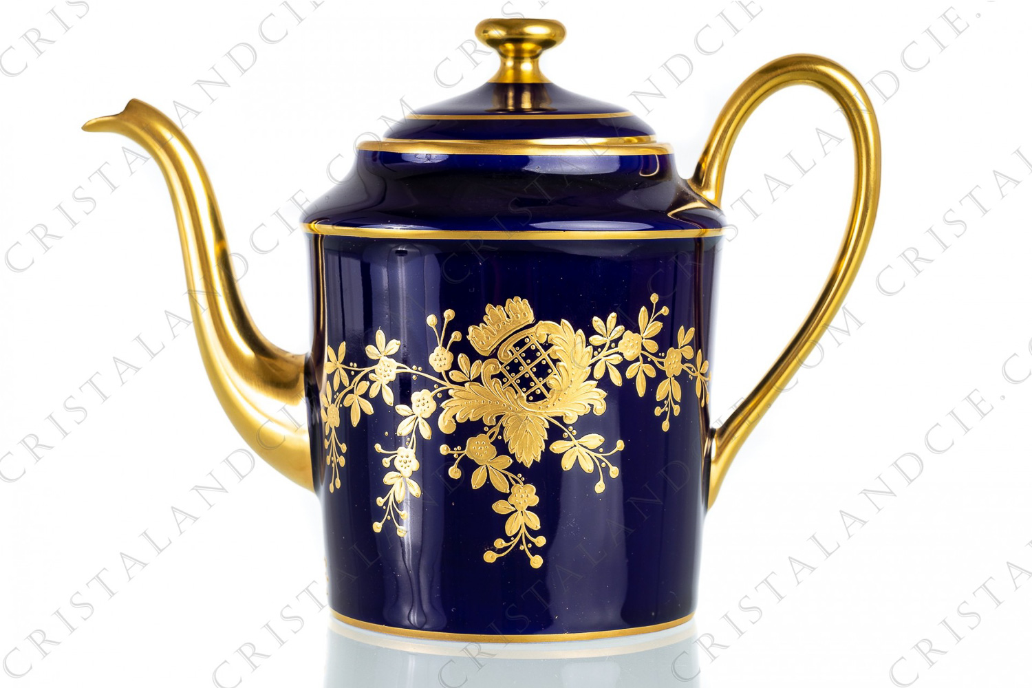 Coffee pot in Limoges china hand decorated by Carmona with gold flowered boughes on a cobalt blue background photo-1