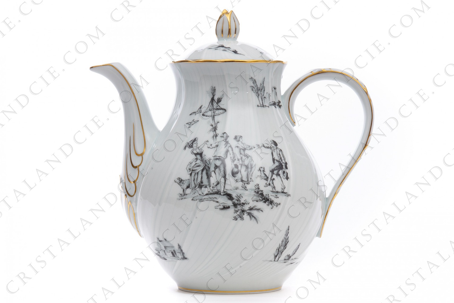 Cafetière en porcelaine de Limoges de la maison Bernardaud réalisé pour la maison Christofle modèle Marie-Antoinette à décor de scènes champêtres en grisaille d après un dessin du peintre Paul Huet réalisé pour la reine Marie-Antoinette photo-1