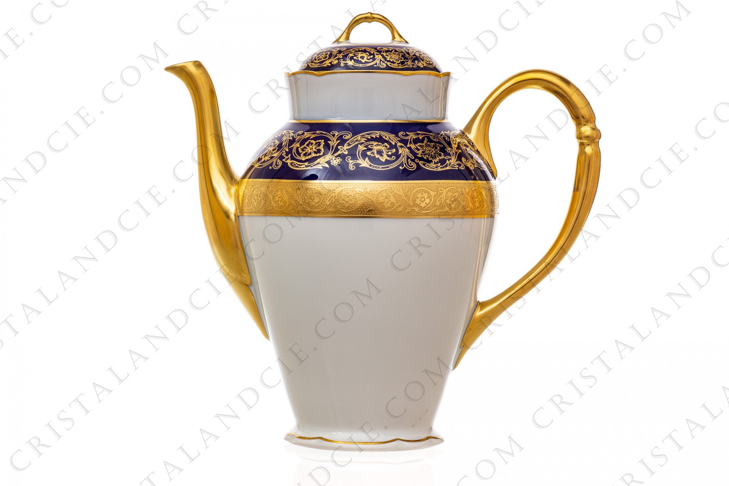 Coffee pot in china of Limoges by Bernardaud pattern Monte Carlo cobalt blue richly decorated with flowered arabesques on a cobalt blue background and gold inlays photo-1