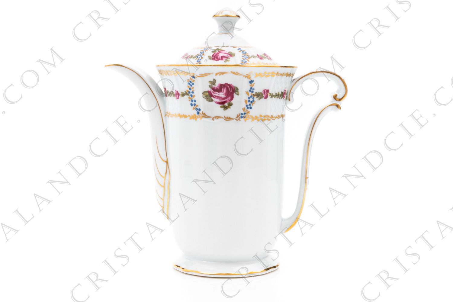 Coffee pot in Limoges china by Bernardaud pattern Roses de Limoges decorated with friezes of pink roses, with roses in medallion and gold friezes photo-1