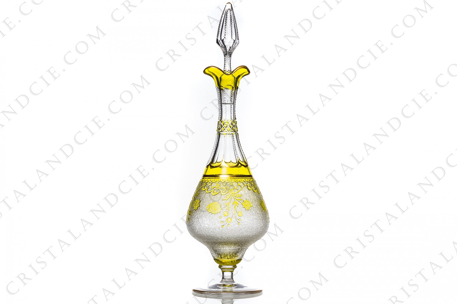Cordial decanter in yellow double layer crystal by Saint-Louis with an Art Nouveau pattern of flowers engraved with the acid photo-1
