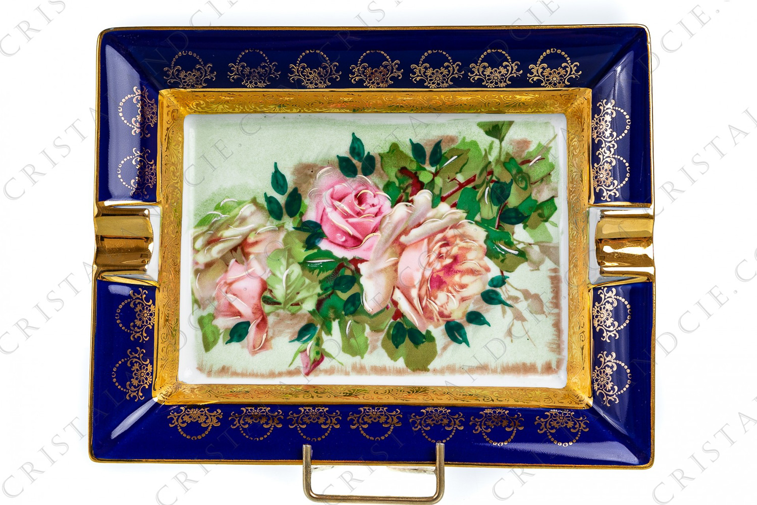 Ashtray in Limoges china decorated by the Claude Carpenet s workshops, decorated with hand-enhanced polychromes roses, with a gold inlays frieze and a cobalt blue border with gold bouquets photo-1