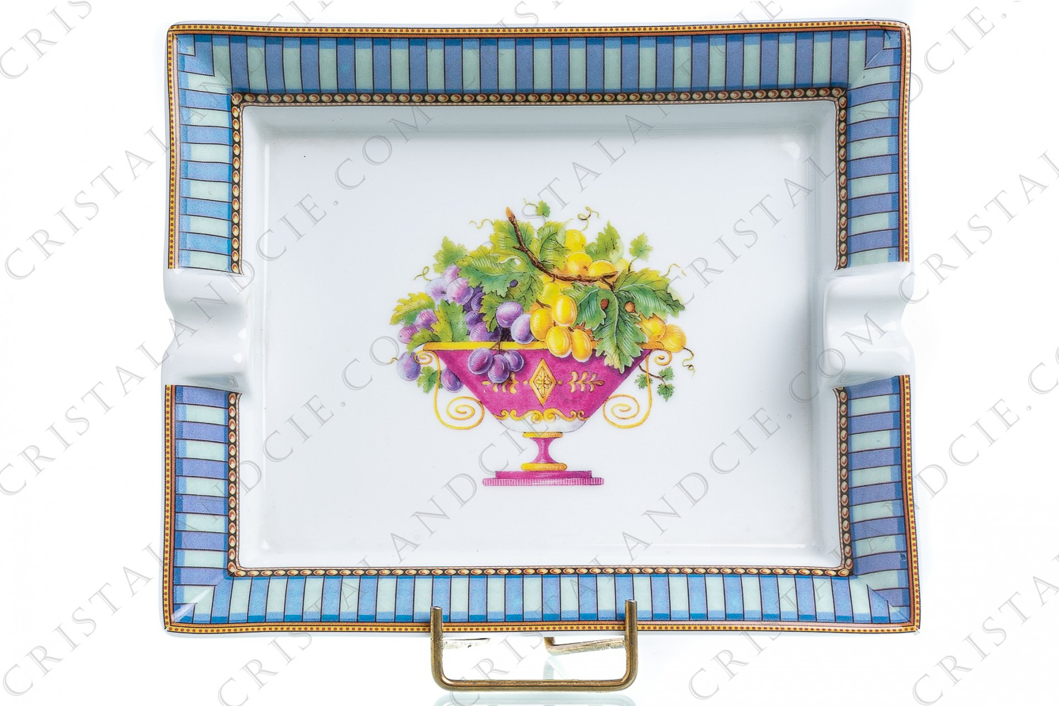 Ashtray in Limoges china by Chastagner decorated in the middle with a bowl full of bunches of grape, and by a blue striped frieze on  the periphery photo-1
