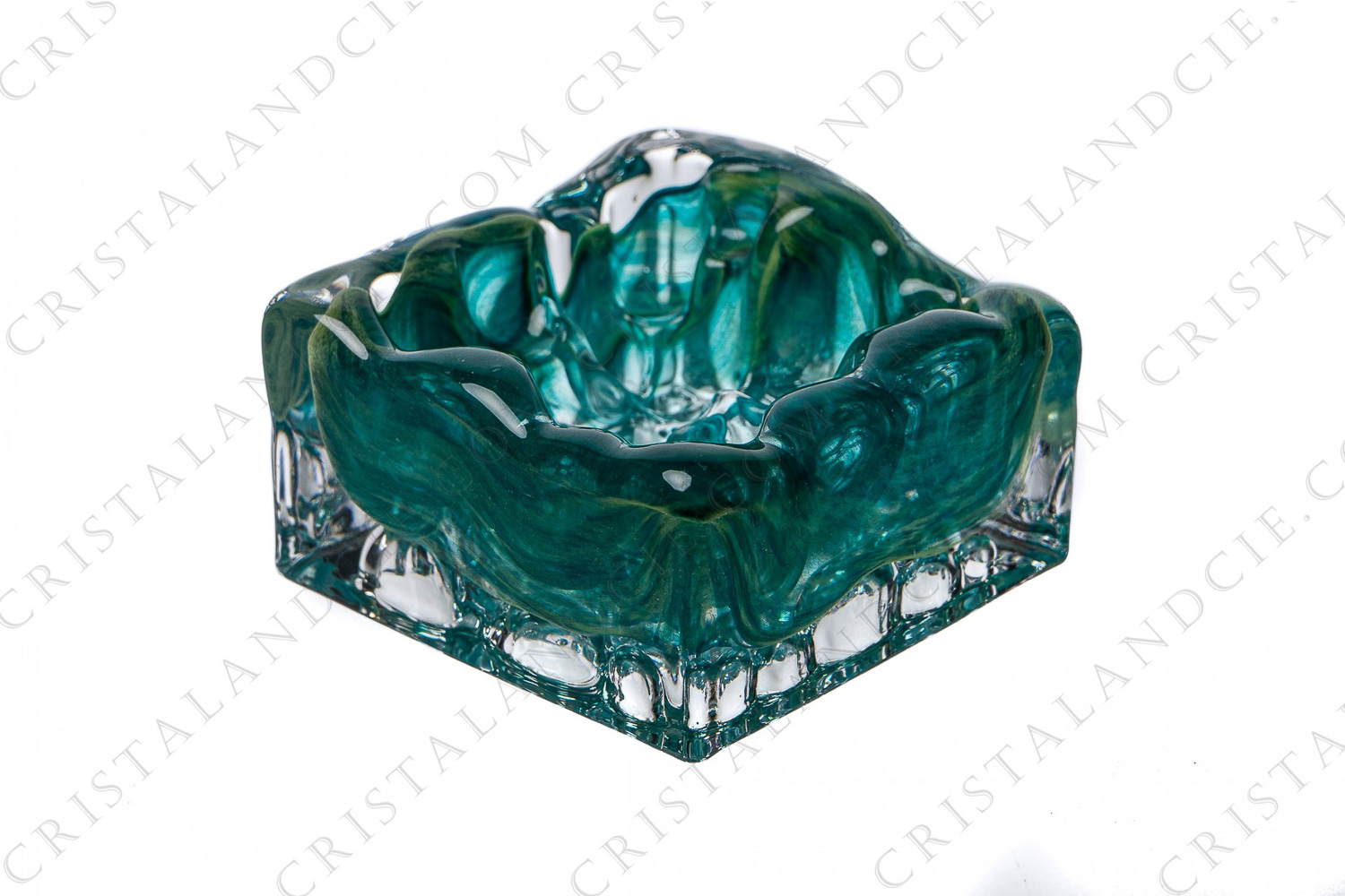 Cendrier en cristal bleu turquoise et jaune de Daum dont le fond est orné de bulles photo-1