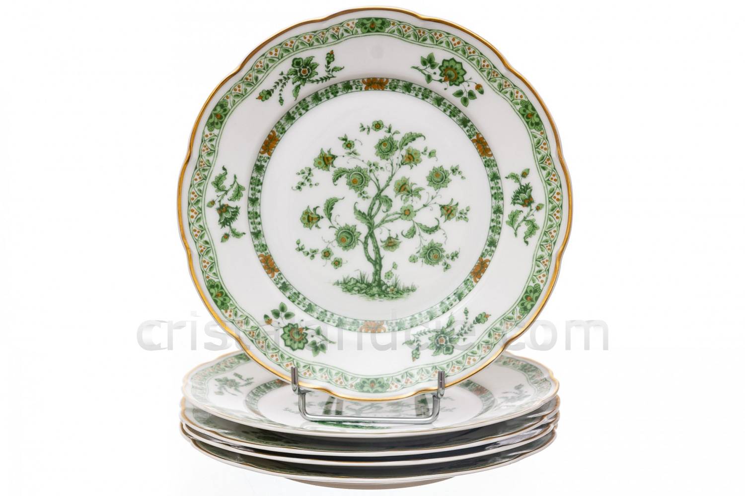Série de cinq assiettes à dessert en porcelaine de Limoges de la maison Haviland modèle Arbre vert forme Lutèce orné d un arbre fleuri vert et brun en son centre, de frises végétales et d un liseré or photo-1