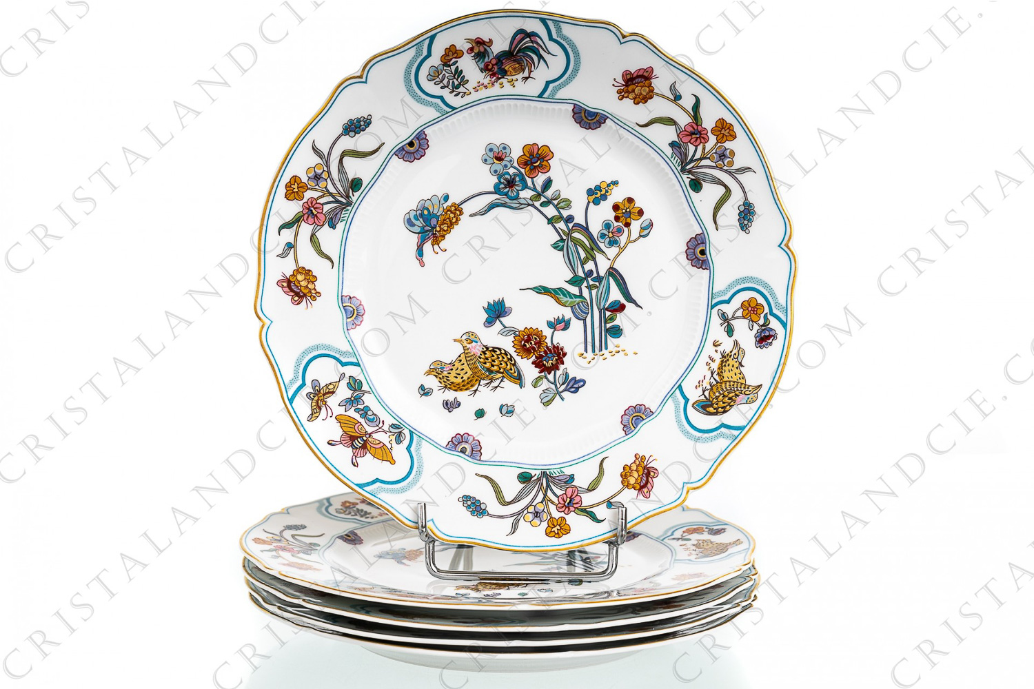 Set of five dessert plates in Limoges china by Havilland pattern Aux Cailles decorated with couples of quails and roosters, with butterflies and polychromes flowers enhanced with gold photo-1