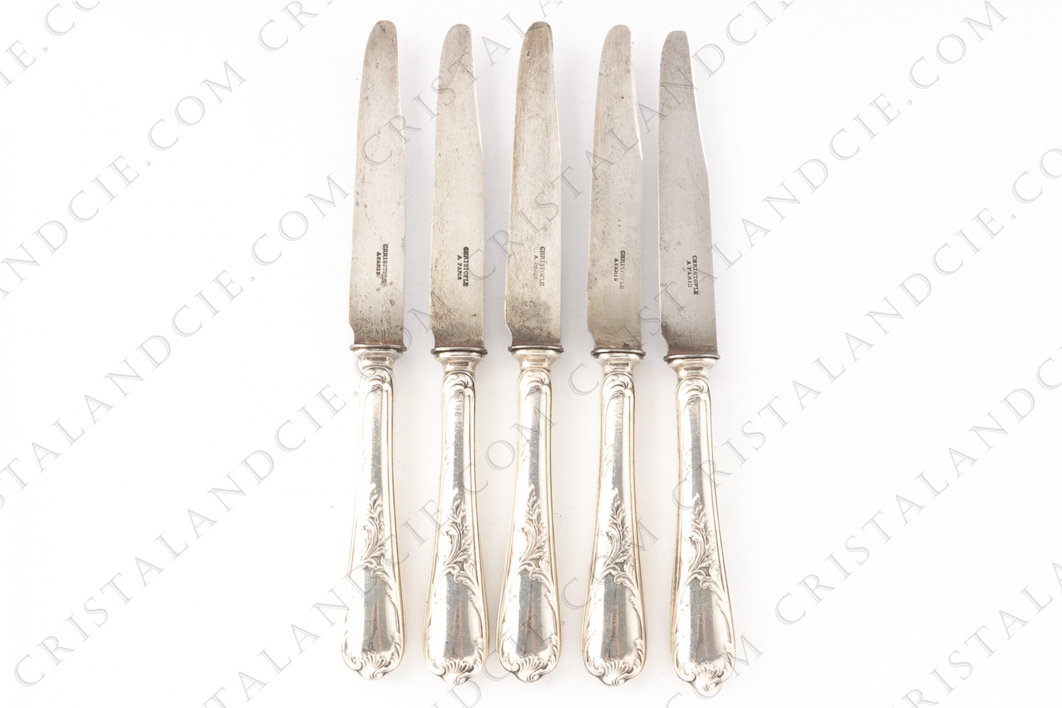 Set of five old dessert knives in platted silver by Christofle pattern Marly with a Rocaille pattern photo-1