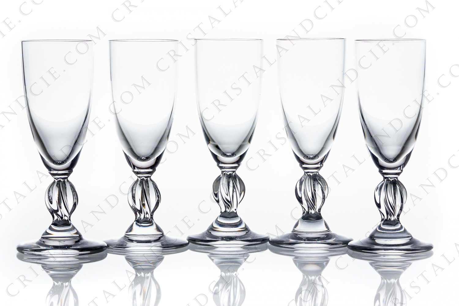 Set of five Cordial glasses in crystal by Lalique pattern Fréjus with a twisted stem photo-1