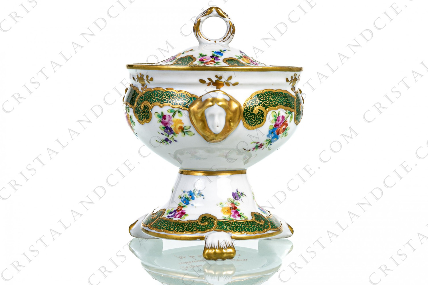 Jam jar on feet in china hand decorated by the workshops Le Tallec decorated with green and gold arabesques, with polychromes bouquets of flowers and with gold women heads photo-1