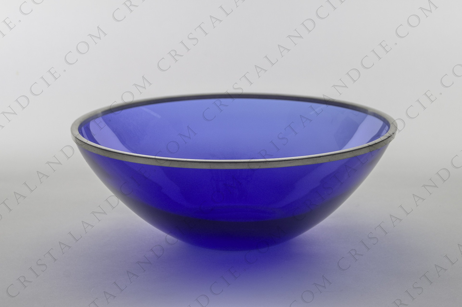 Bowl in blue crystal by Lalique pattern Cap Ferrat, with a silver plated rim photo-1