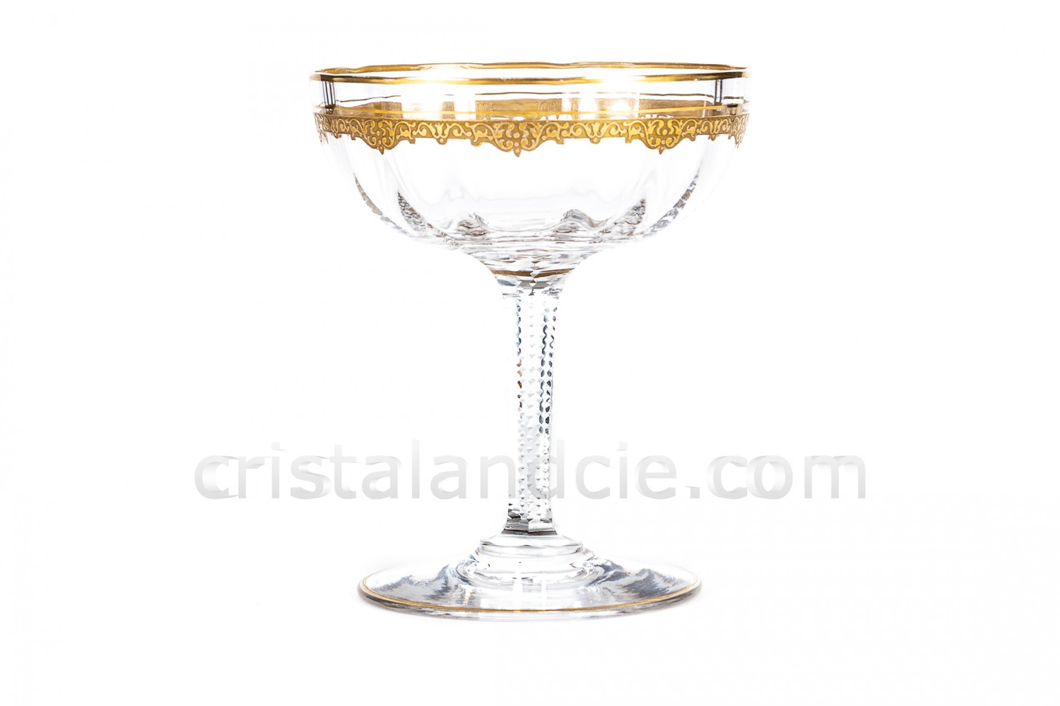 Champagne saucer in crystal probably by Saint-Louis decorated with venetian cut and friezes with gold inlays, the stem is decorated with flat cuts photo-1