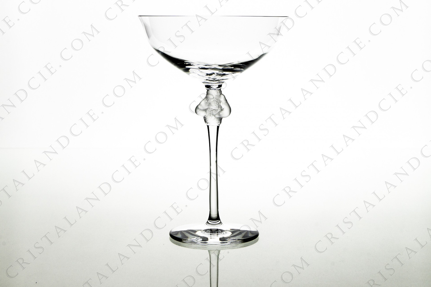 Champagne saucer in crystal by Lalqiue pattern Roxane with two nude women in frosted crystal on the foot photo-1