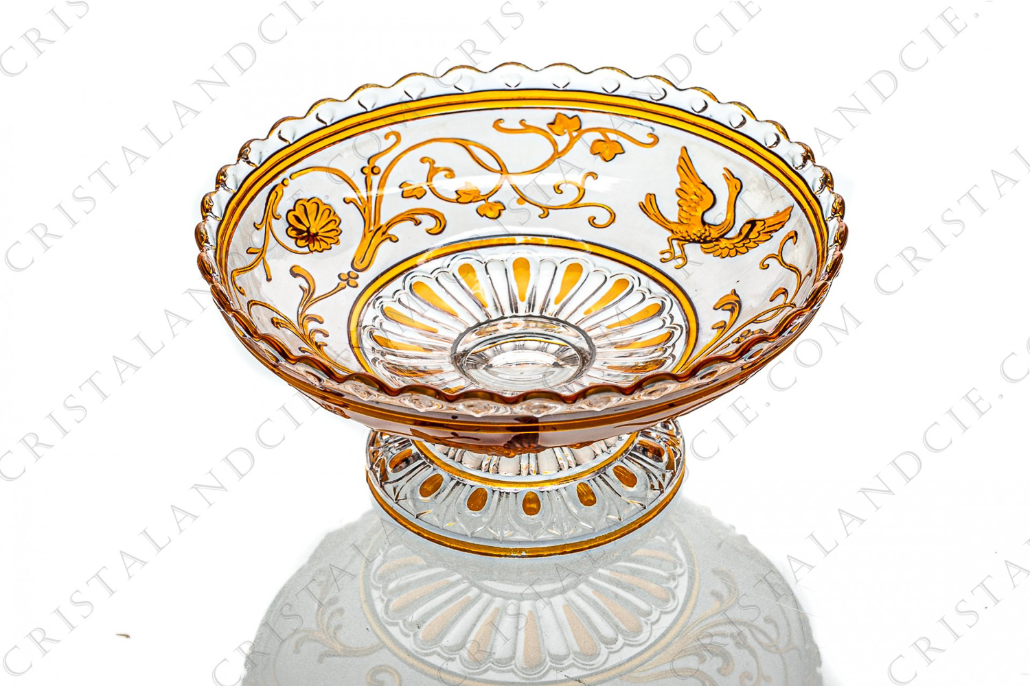 Bowl in molded doubled, satin and polished crystal by Baccarat decorated with a couple of birds of paradise surrounded by vegetable arabesques on a frosted background photo-1