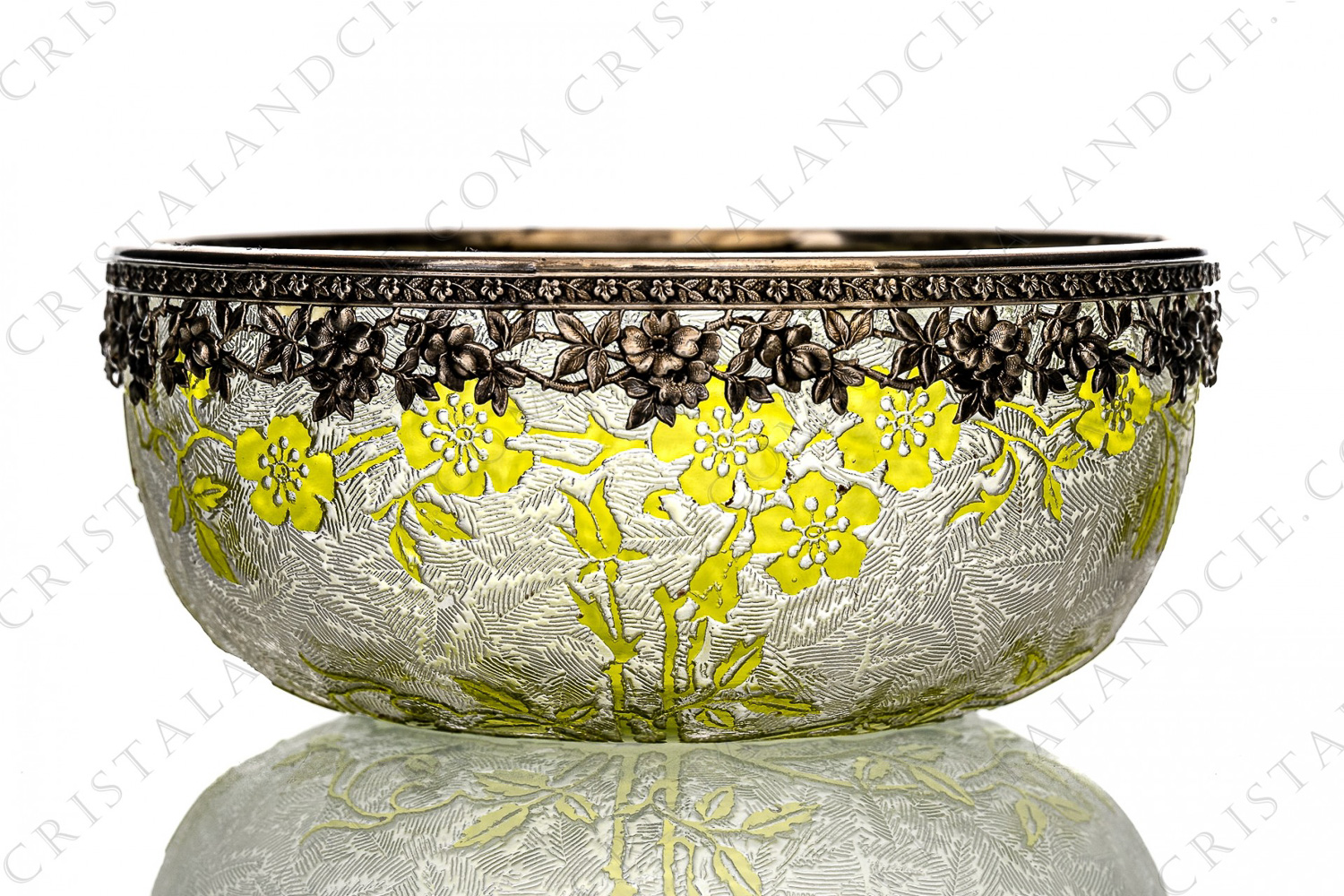 Small bowl in yellow double layer crystal by Baccarat pattern Eglantiers with a pattern of wild roses in yellow crystal and a clear engraved with the acid background photo-1