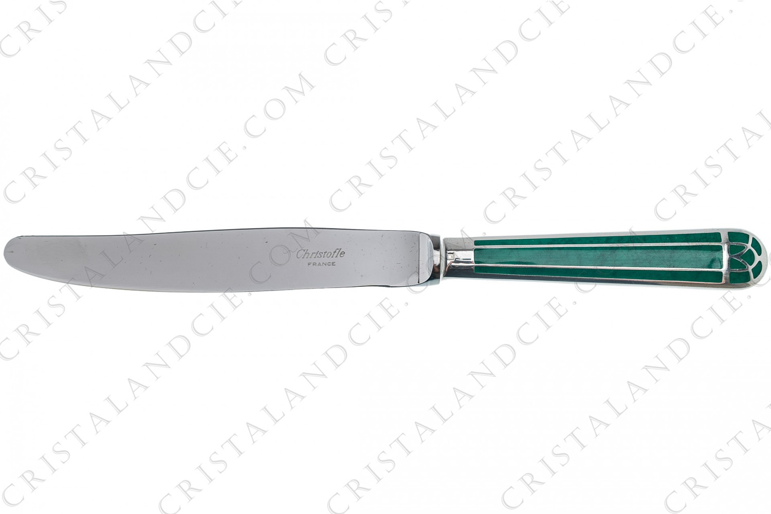 Couteau de table en métal argenté de la maison Christofle modèle Talisman dont le manche est incrusté de laque de Chine verte photo-1