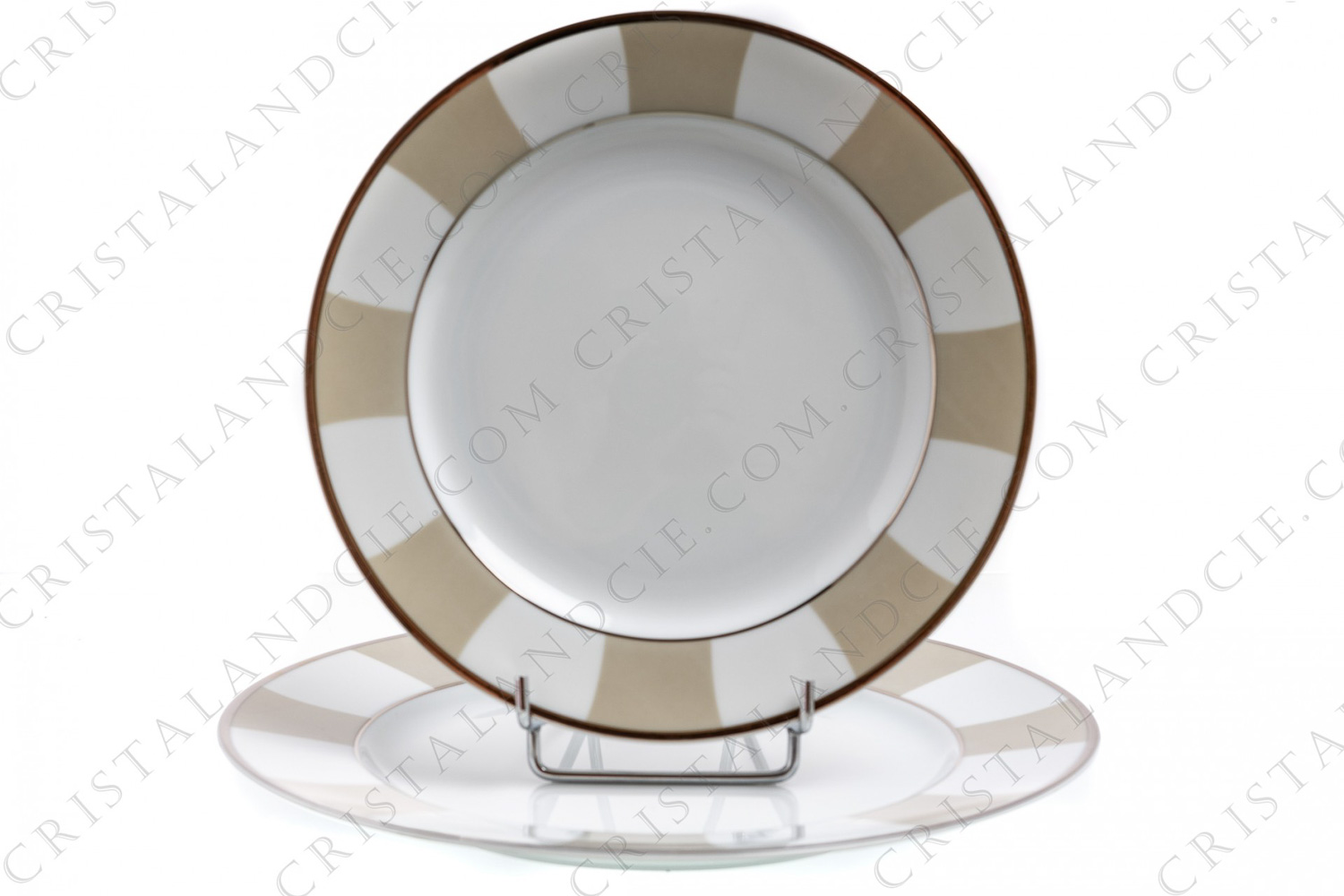 Two plates in Limoges china by Bernardaud pattern Galerie Royale stone decorated with white and stone stripes and with platinum borders photo-1
