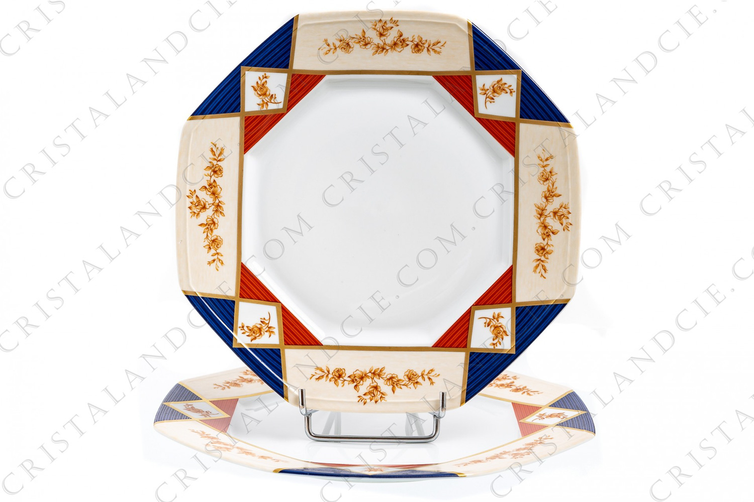 Two octagonal plates in Limoges china by Haviland et Parlon pattern La Fayette with a textured blue, white, red pattern separated by gold borders and with red flowers photo-1