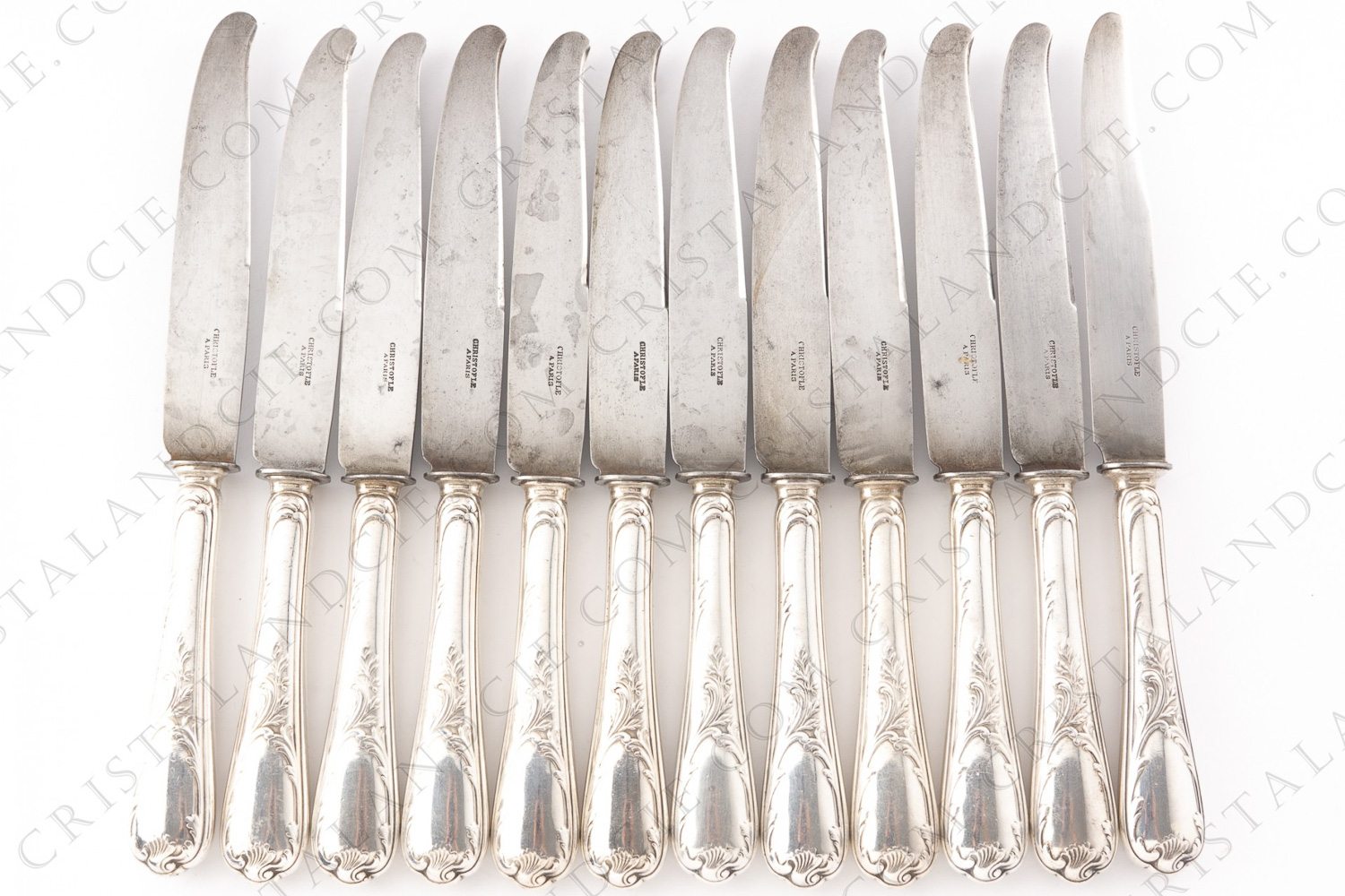Set of twelve old dinner knives in platted silver by Christofle pattern Marly with a Rocaille pattern photo-1