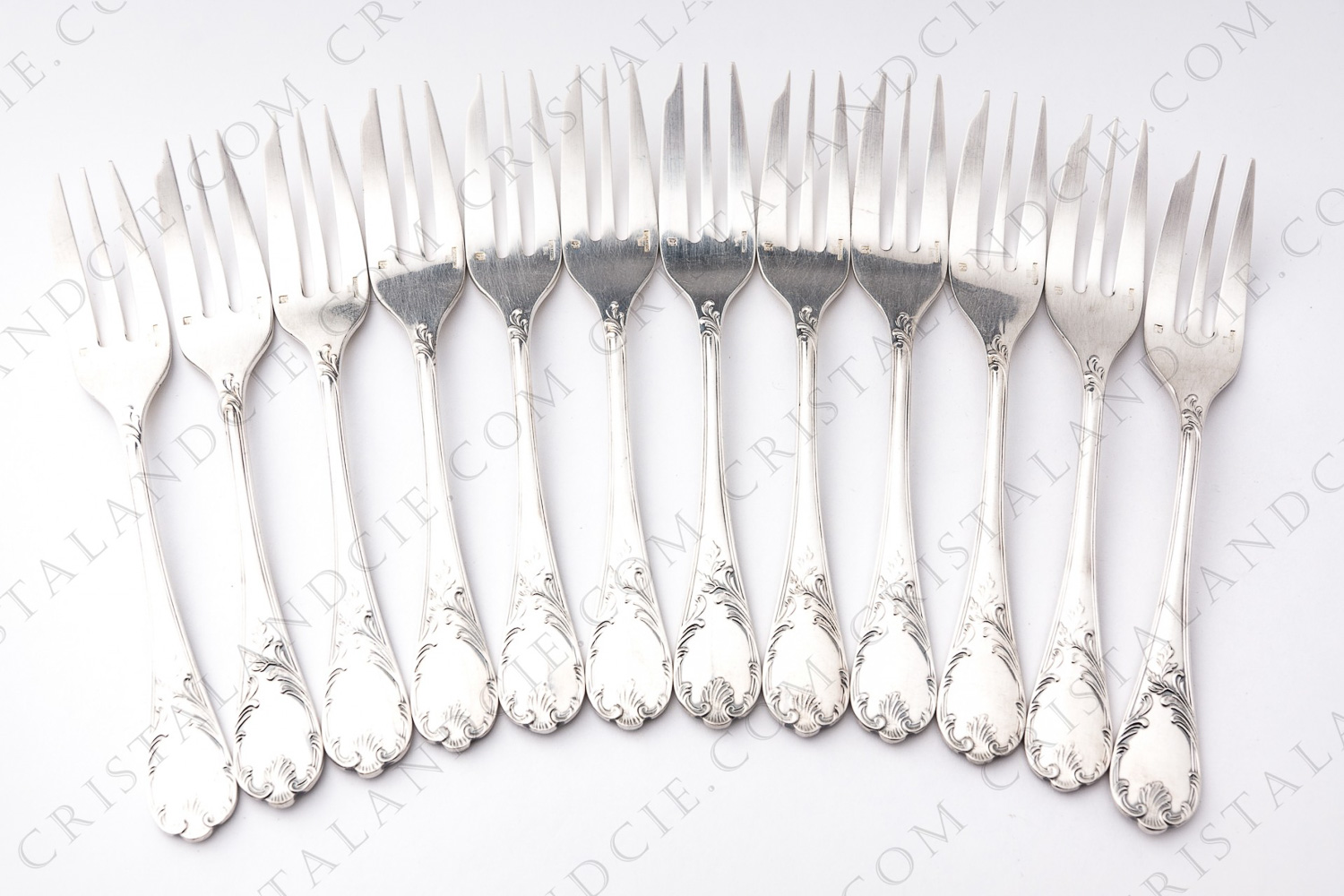 Set of twelve cake forks in platted silver by Christofle pattern Marly with a Rocaille pattern photo-1