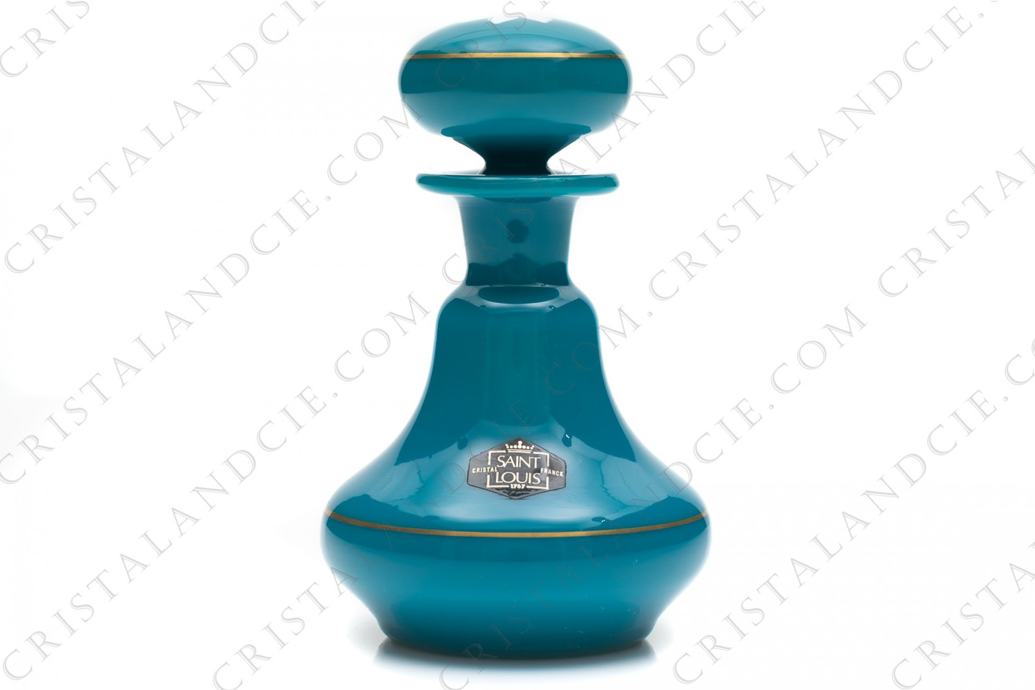 Perfume bottle in blue opaline by Saint-Louis pattern Imperia, decorated with an inclusion of a white flower and a millefiori pattern on the plug and with gold strips photo-1