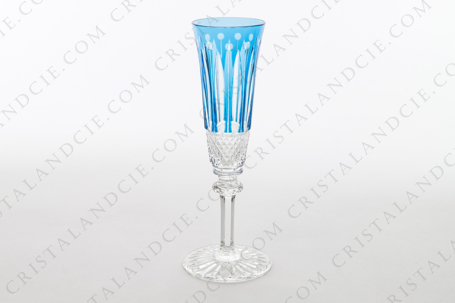 Champagne flute in clear blue double-layered crystal by Saint-Louis pattern Tommy, with an important carved decor photo-1