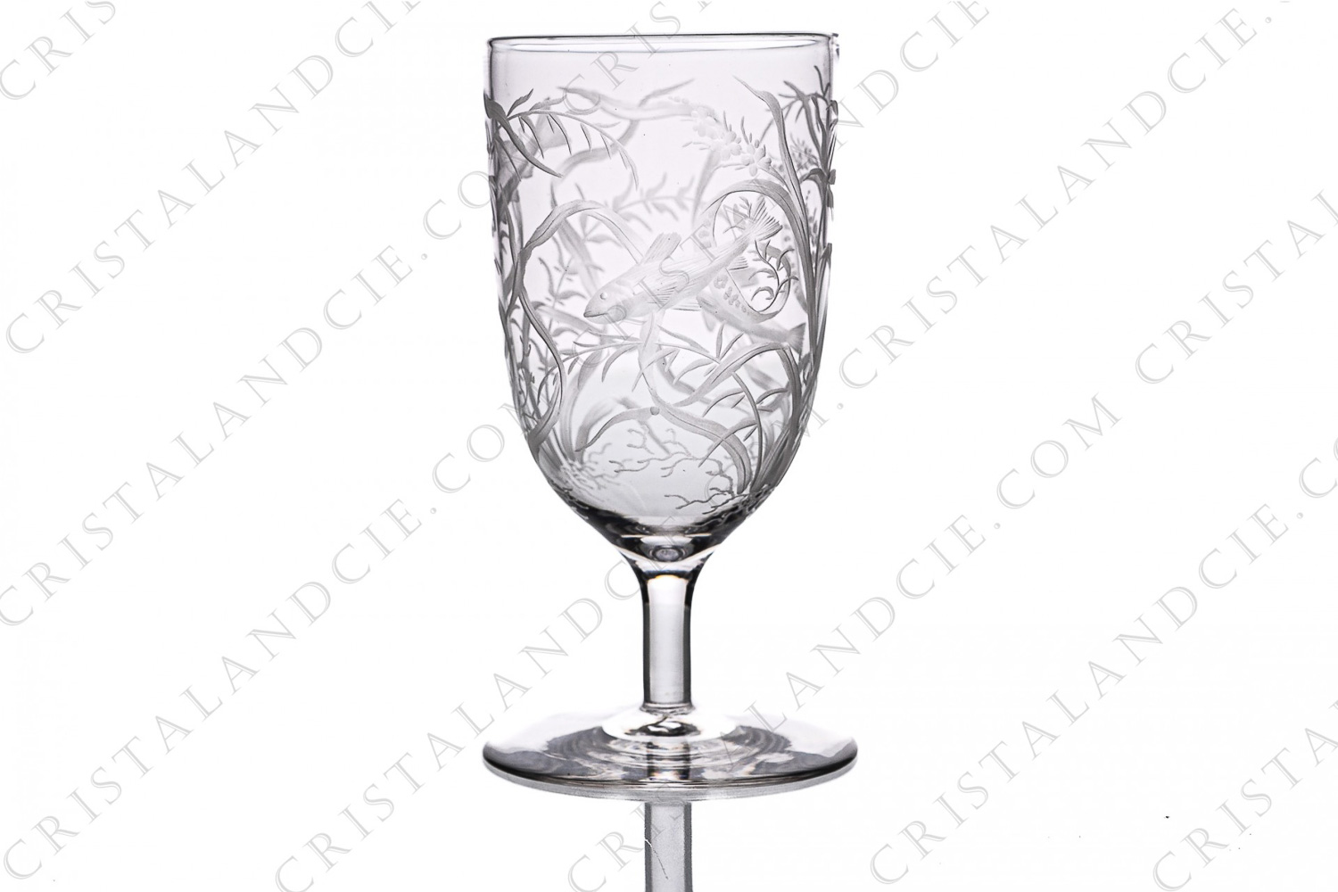 Tumbler with foot in crystal with an important hand-engraved pattern of seaweeds and fishes photo-1