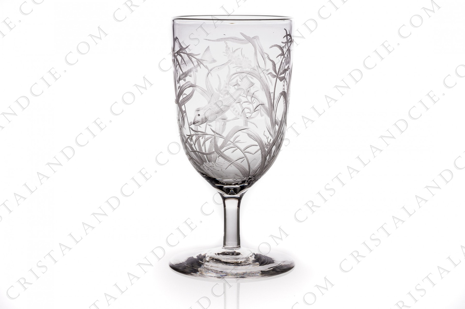Tumbler with foot in crystal with an important hand-engraved pattern of seaweeds and fishes photo-1