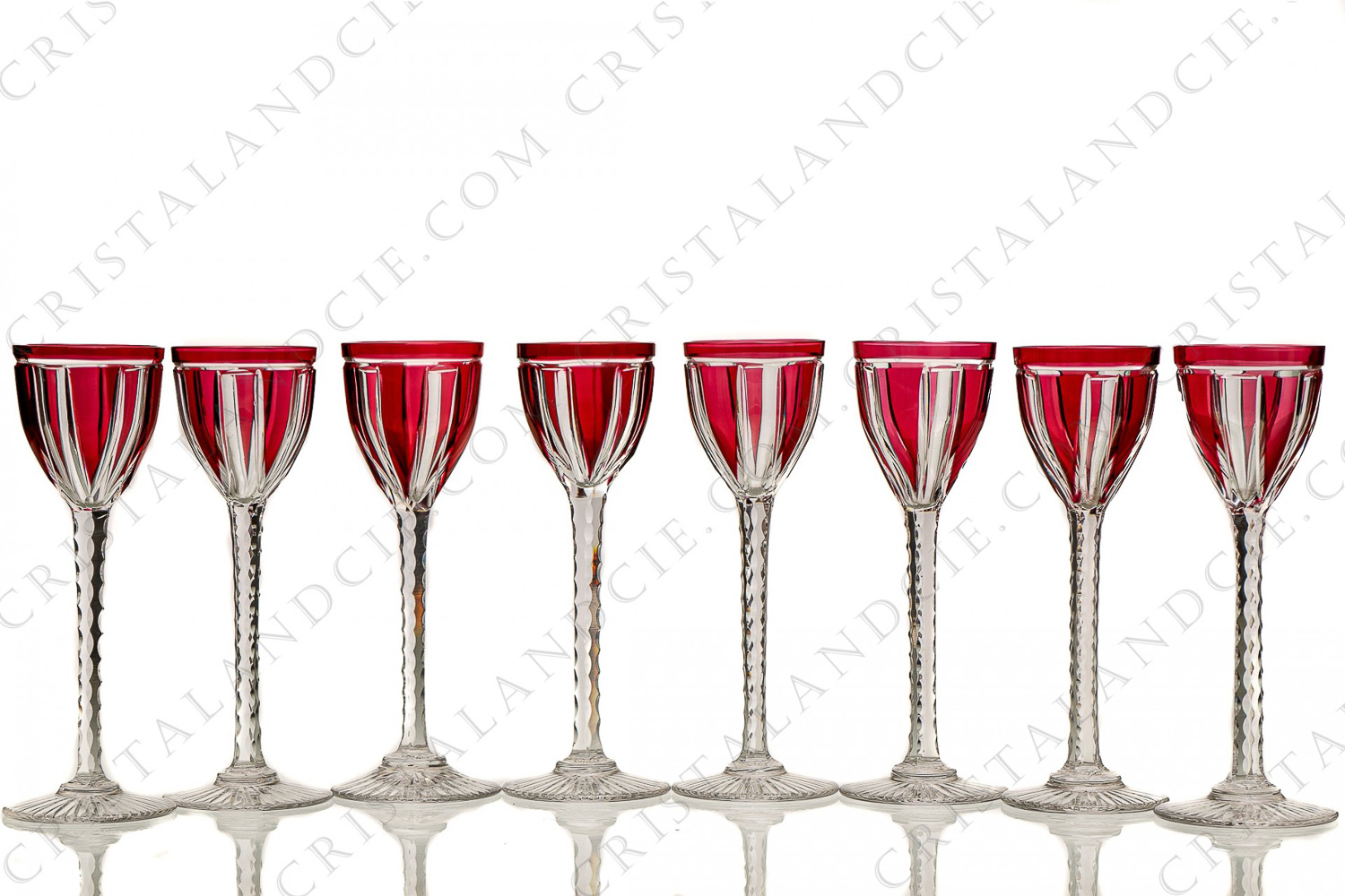 Set of eight cordial glasses in red double layer crystal by Saint-Louis with a cut pattern photo-1