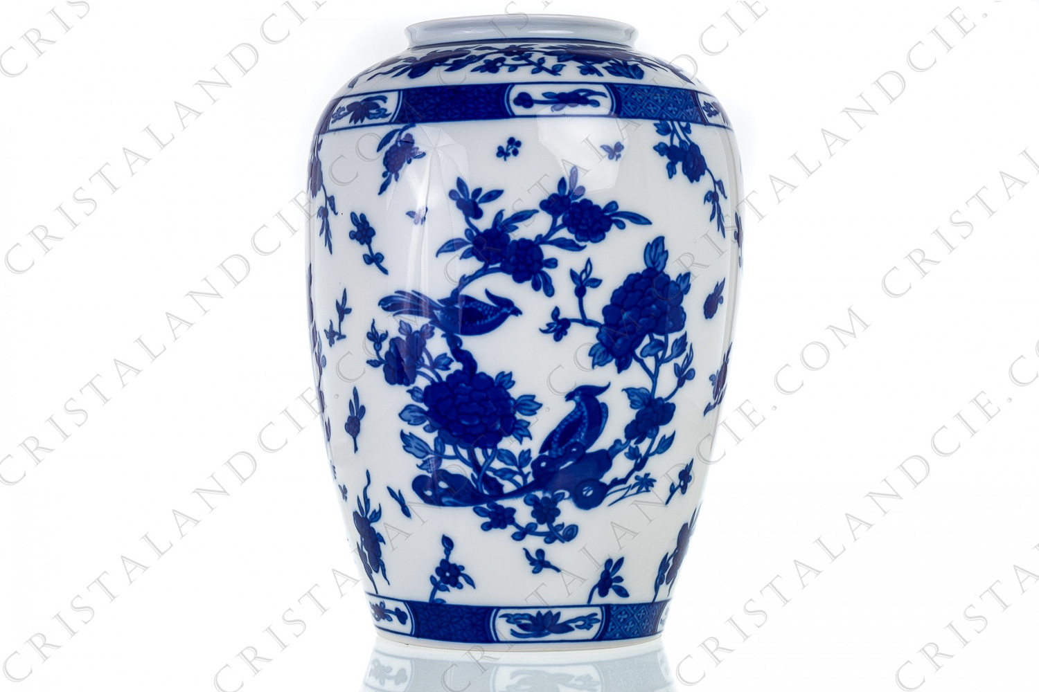 Towering vase in Limoges china by Bernardaud pattern Chine Bleu de Four decorated with blue birds on flowered branches photo-1