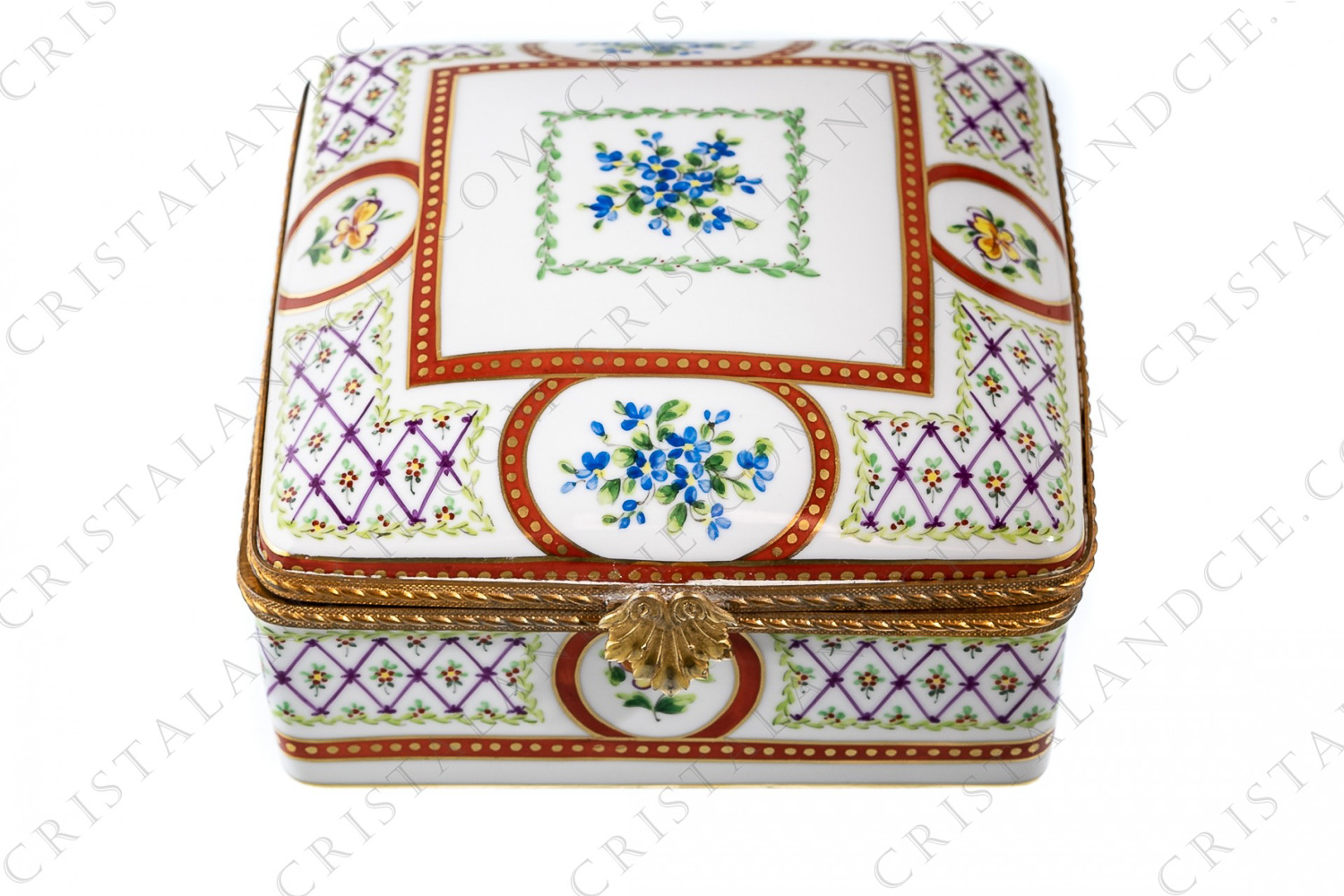 Towering box in china hand painted by the workshops Le Tallec decorated with pansies and blue and red flowers photo-1