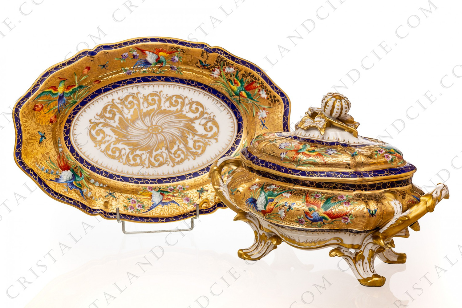 Towering soup tureen in china hand painted by the workshops Le Tallec, decorated with polychromes enameled birds of paradise and butterflies on a gold flowered stripe photo-1