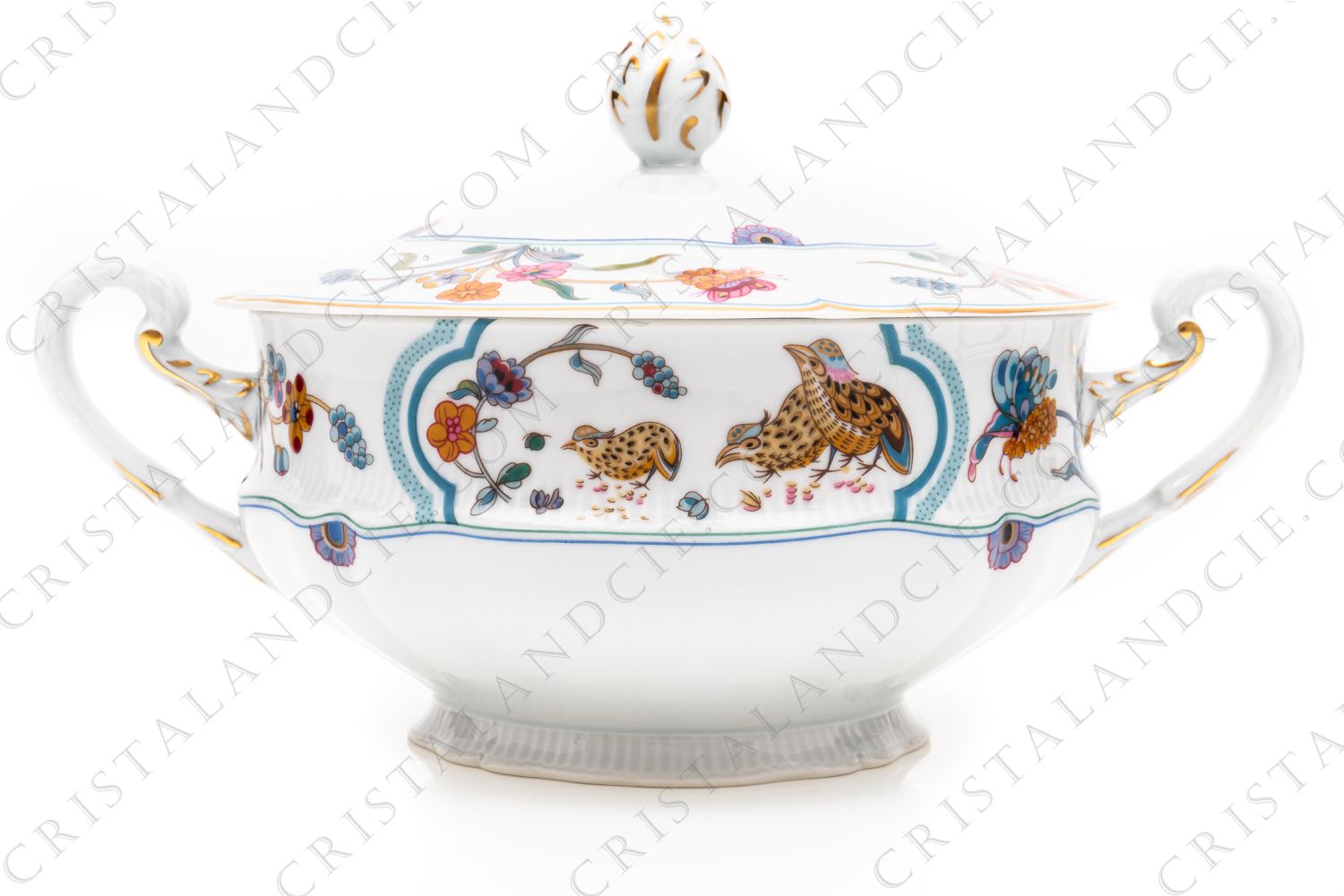 Covered vegetable in Limoges china by Haviland pattern Golden Quails decorated with quails, butterflies and polychromes flowers enhanced with gold photo-1
