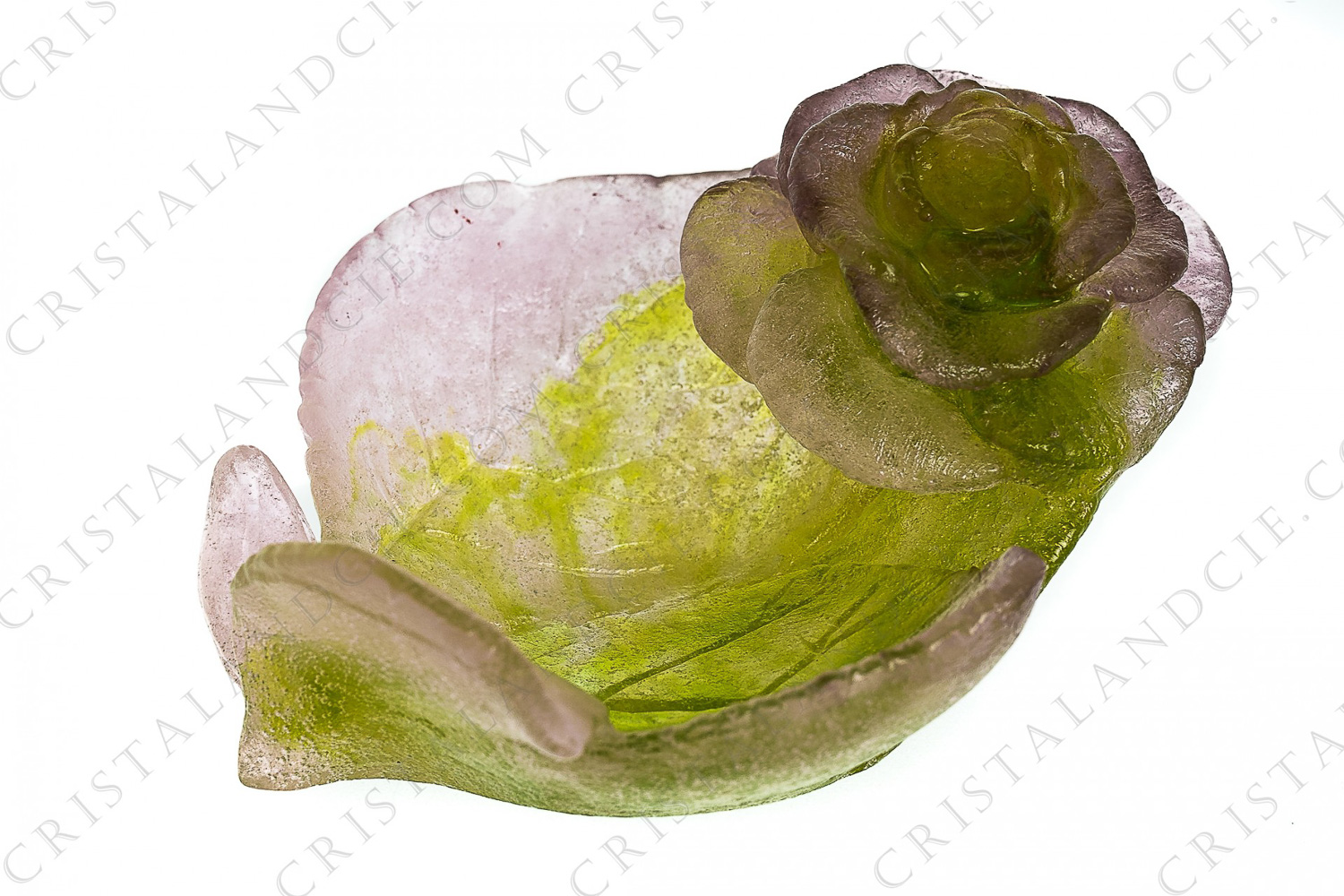 Mini bowl in pate de verre by Daum pattern Roses green and pink photo-1