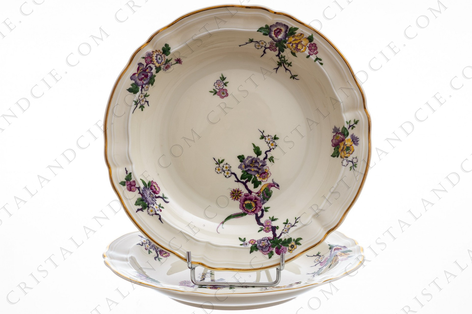 Pair of soup plates in china of Limoges by Bernardaud pattern Bengali decorated with polychromes flowers and birds of paradise photo-1