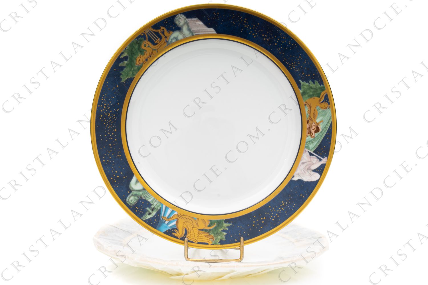 Pair of salad plates in Limoges china by Bernardaud pattern Metropoles decorated with monuments on a starred blue background and with gold borders photo-1